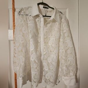Lafayette 148 White Lace Button-Front Blouse